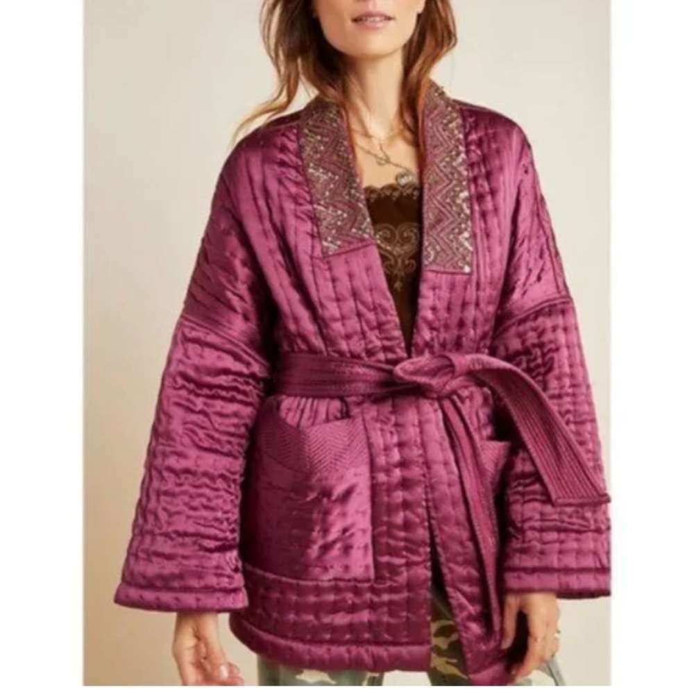 by Anthropologie Phoebe Quilted Kimono Satin Jacket Wine Size M/L